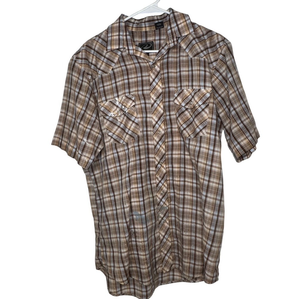 Roper Western Shirt Mens Large Pearl Snaps Plaid Blue Brown Distressed‎ Thrashed